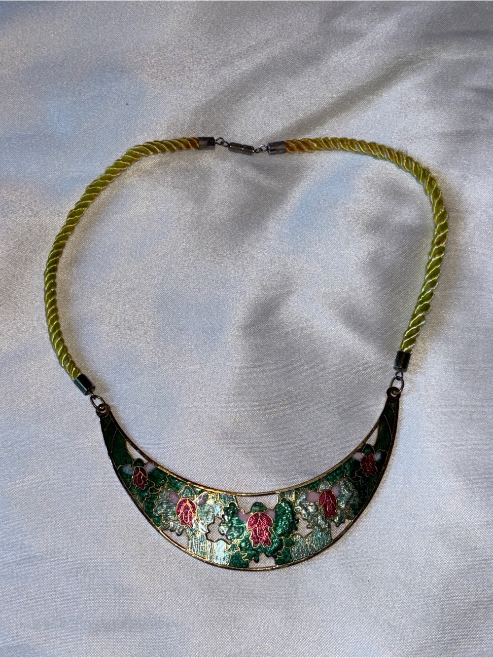 Asian Inspired Floral Enamel Crescent Moon Necklace Boho Vintage Style